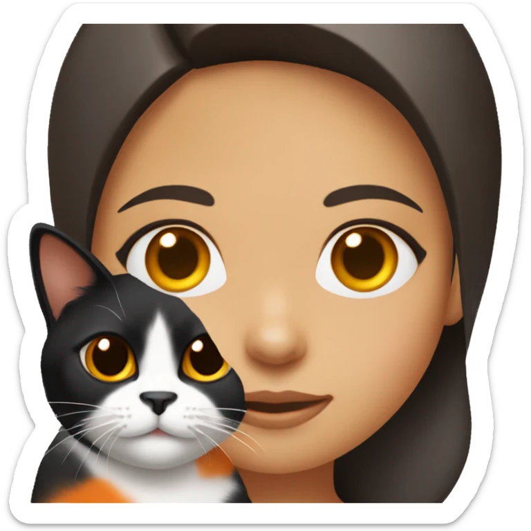 Brunette girl with brown eyes, holding a tricolor  black white and orange cat. Cat hairs are black in one side of its face and orange in the other side of its face. sticker