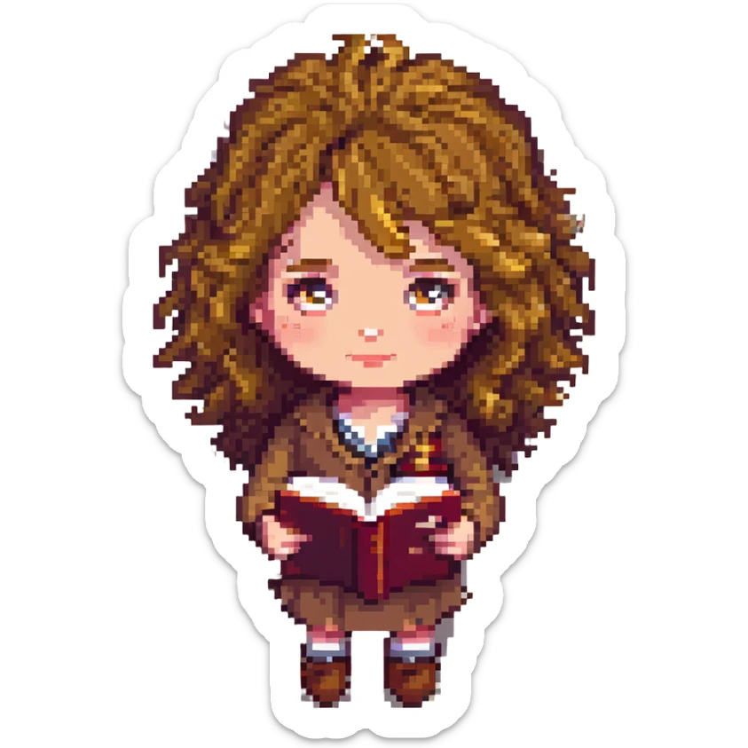 pixel art style Hermione Granger character with bushy hair and book sticker