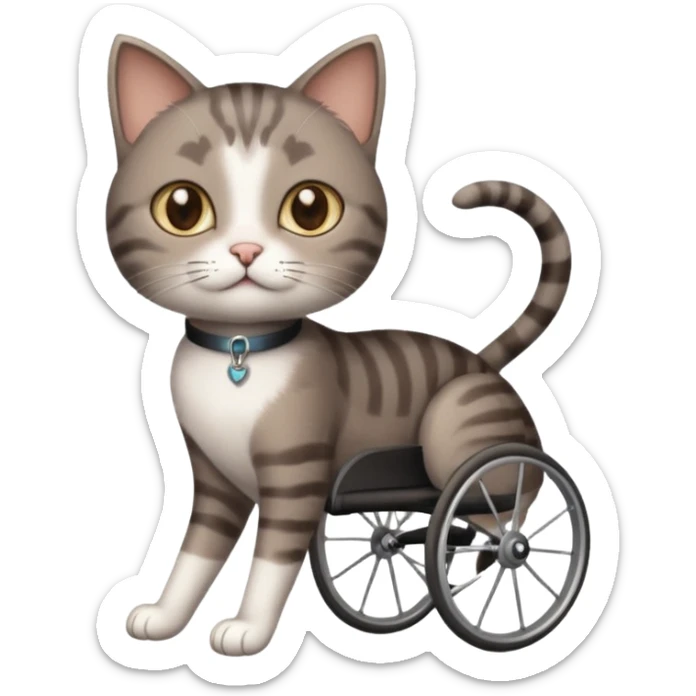 full body small short hair dark brown and white cat with hazel eyes walking in a wheelchair for cats sticker