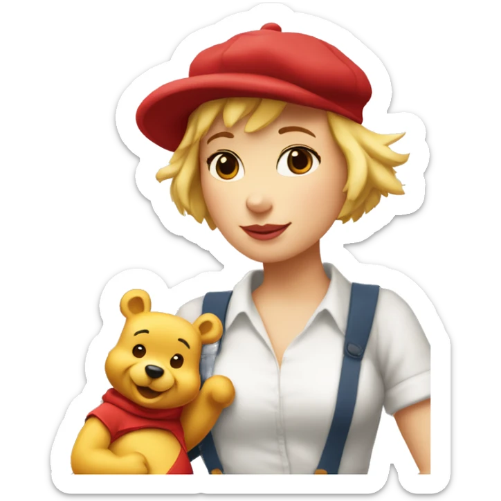parisien style white female pooh, with red beret on head like painter and baguette in arms, and with eiffel tower in background sticker