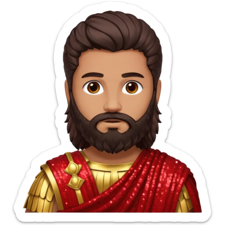 Mars from Roman Deities with long dark brown hair and beard, red sequin toga, light tan skin sticker