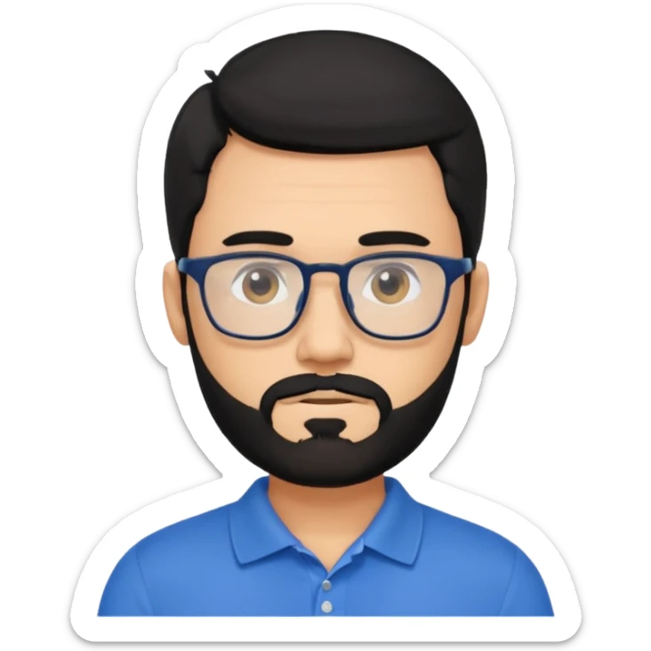 A tanned bearded man with black hair wearing glasses and a blue polo sticker