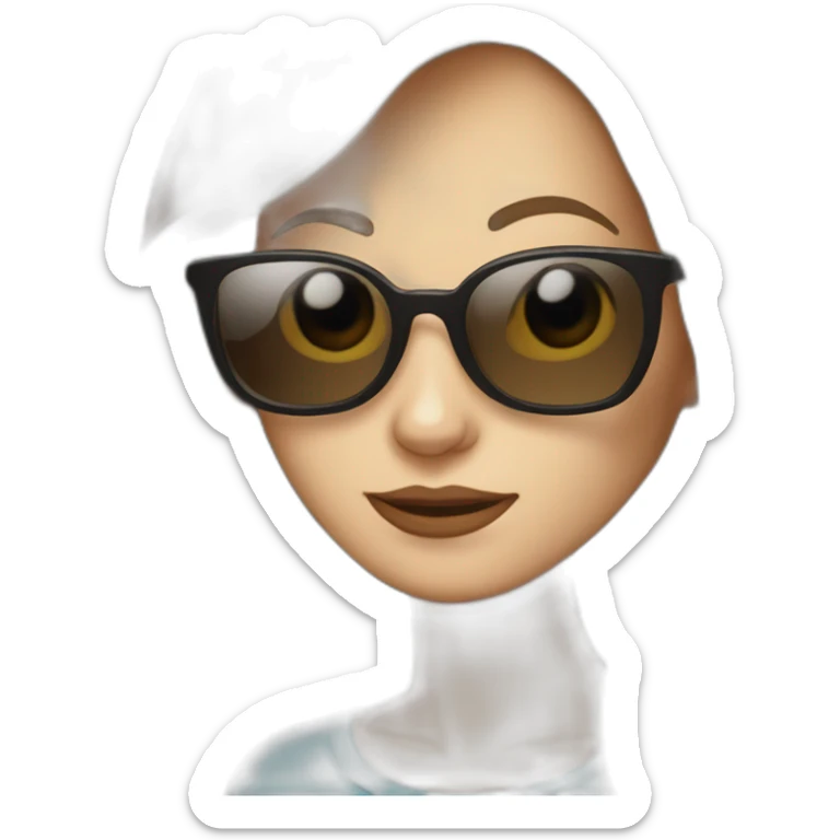 pale skin middle brown long thin hair woman with funny sunglasses behind a laptop with a coffee sticker in it sticker