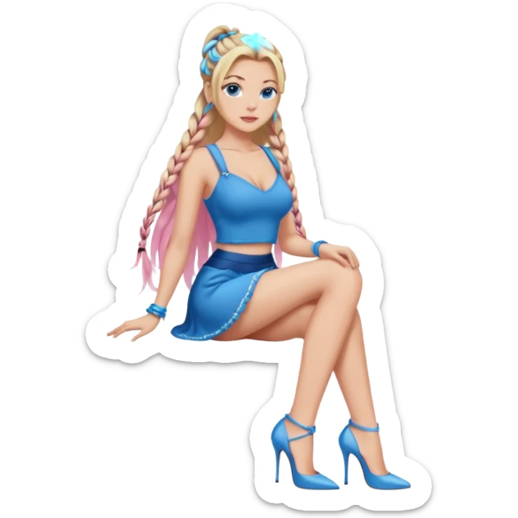 Long lash Beauty with blonde balayage and pink highlights long hair half braids with blue eyes wear Heels and a sexy Outfit sit sticker