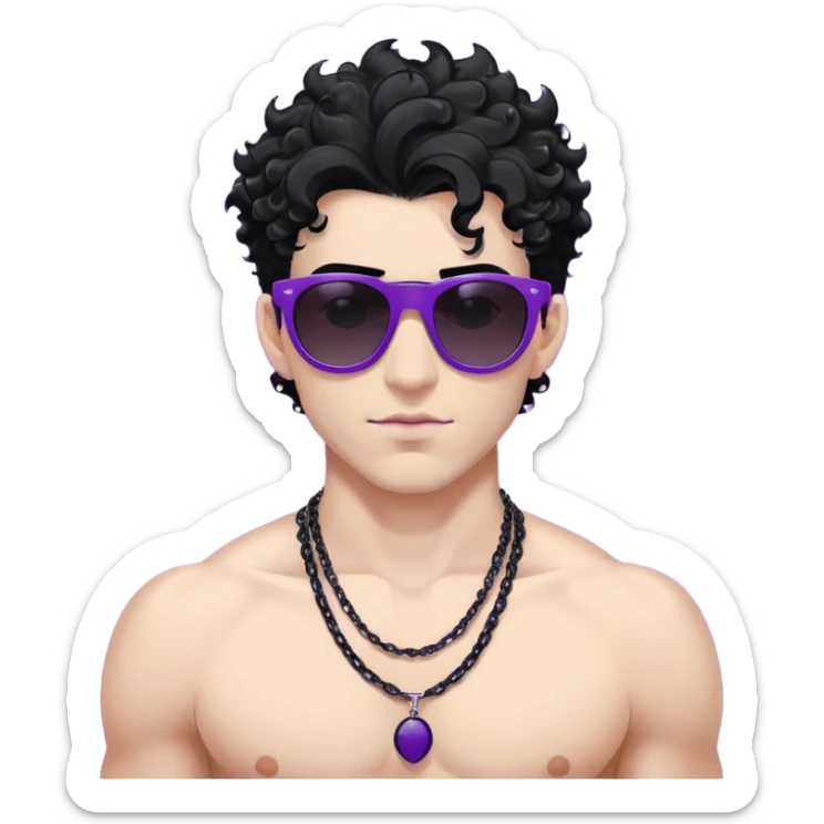shirtless male athlete with white skin and moderately curly black hair on top with shaved sides, wearing purple sunglasses with very dark heavily tinted black lenses that completely hide the eyes, and a plain black chain necklace sticker