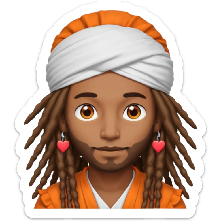 Brownskin man with long dreadlocks orange shirt add white ruffled turban with heart eyes sticker