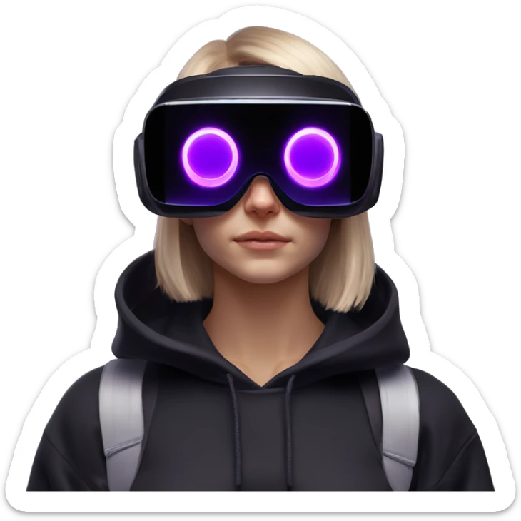 Russian girl wearing black hoody with violet letters "OMG", in vr headset oculus quest2. Standing like jedi. Cyberpunk style. Violet neon. sticker