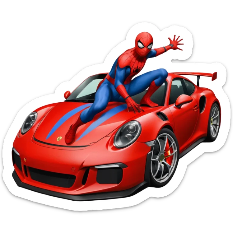 Die-cut sticker of Spider-Man sitting on a Porsche 911 GT3 RS, bold vector art, thick white border, isolated on green hilly background. sticker