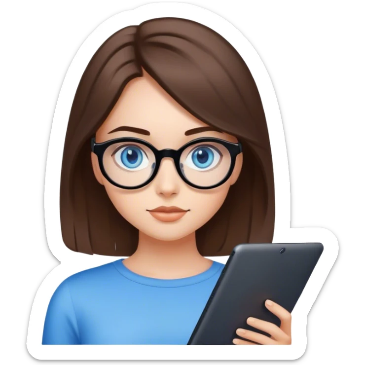 
girl with medium-length brown hair, fair skin and blue eyes in black rounded glasses with a graphics tablet sticker
