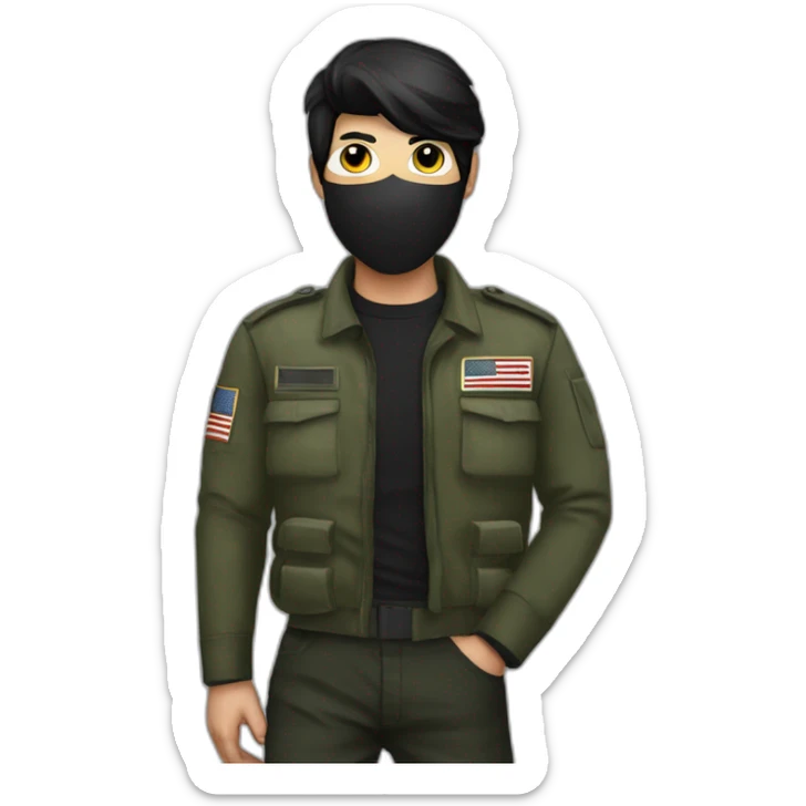 Poker face man, black hair and black mouth mask and black military pants sticker