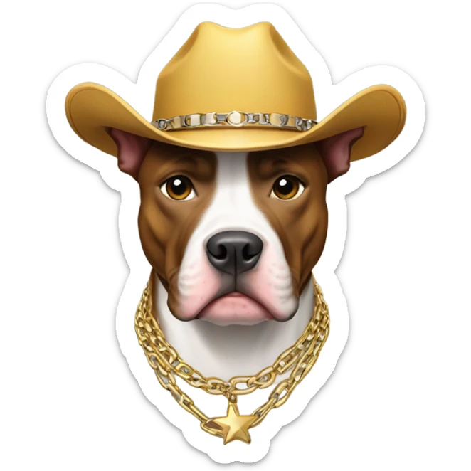 Draw a picture of a pitbull with a gold chain on and a cowboy hat, and his gold chain says cowboy hanging from it sticker