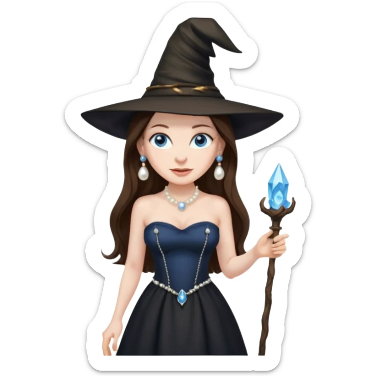 woman brunette, very large breasts, pale skin, blue eyes, long brown hair, black strapless dress, witch hat, pearl earrings, smirking, in black heels, standing, head to toe, full body, zoomed out, entire outfit visible sticker