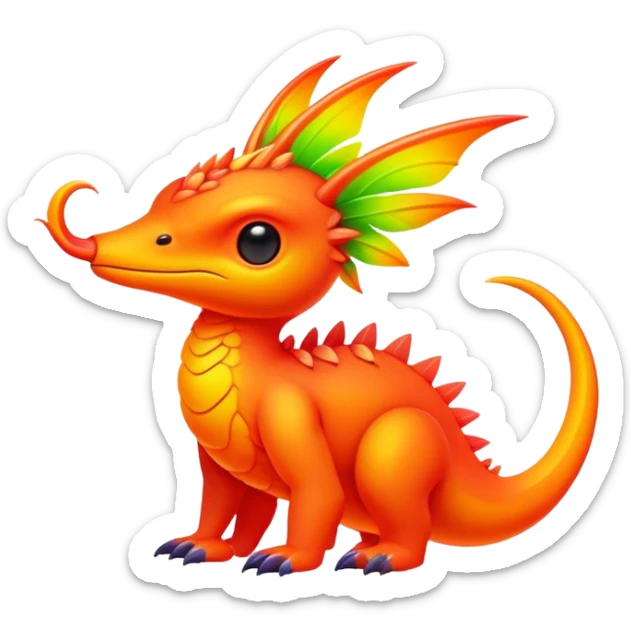 Tropical futuristic lush warm-colored neon Fakémon-Fionbri-creature sticker