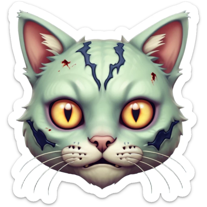 zombie cat portrait, head and shoulders only, pale fur, cracked skin patches, eerie glowing eyes, mischievous undead vibe, 3D cartoon, mobile game icon style, clean background, no text, no watermark
 sticker