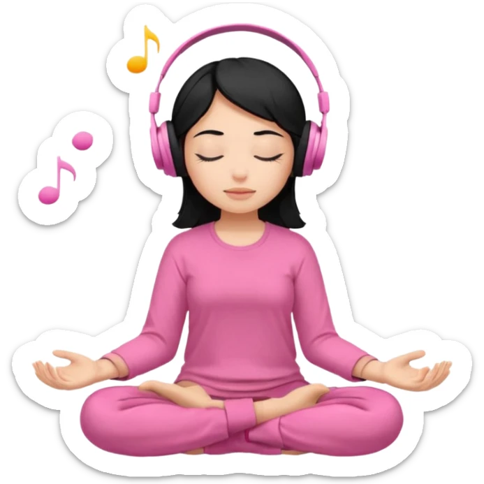 Chica de pelo negros con los ojos cerrados escuchando musica en audifonos y con camisa rosa mientras medita sticker
