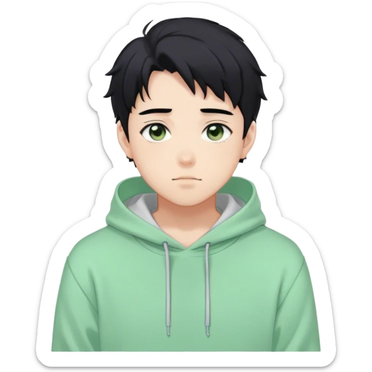 Gorgeous pastel green sweater black hair anime style shojo guy with blushing face and, hoodie, aesthetic, young adult, trending style, outside, vedal987 sticker