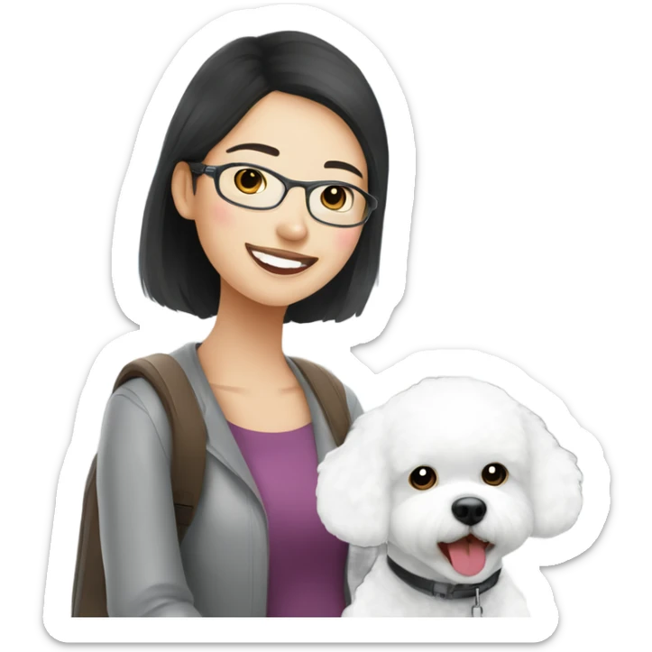 A cute and happy bichon frise with an Asian woman at the airport  sticker