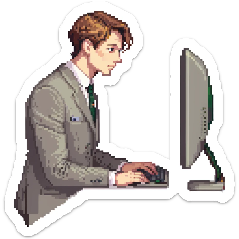 hombre con vestimenta semi-formal, de perfil, frente a una computadora en una mesa sencilla sticker