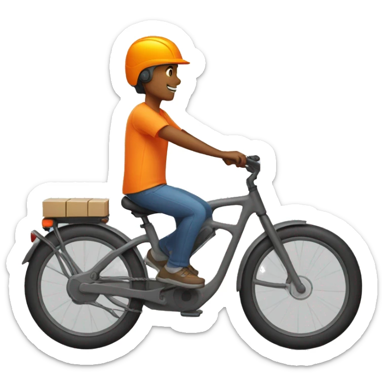 Delivery guy on a bike wearing orange tshirt and orange bag orange helmet sticker