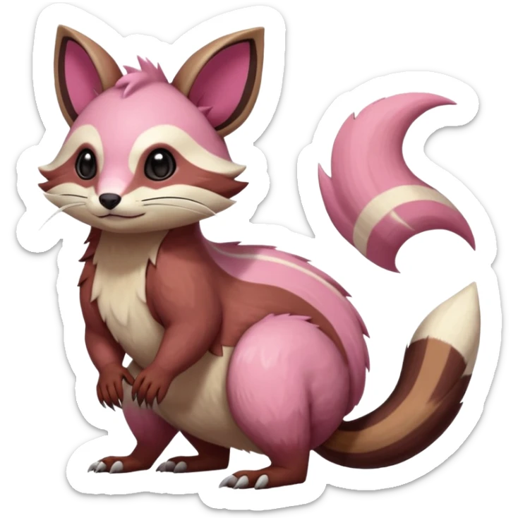 Rare realistic brown-scaled pink, white beige edgy badass epic pretty beautiful handsome gorgeous aesthetic colorful vibrant Vernid-Furret-Linoone-Amaura-species-Fakemon-creature by LiLaiRa, random markings, (full body) sticker
