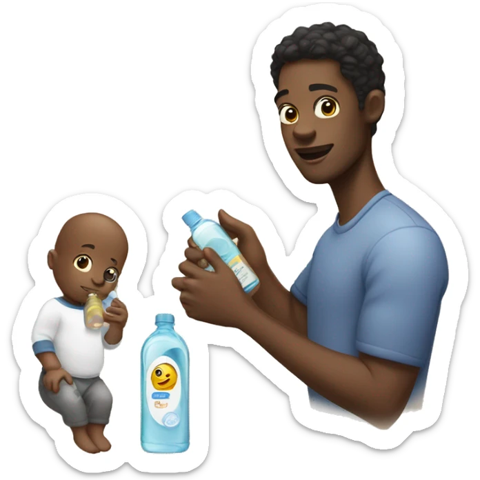 Black male holding a baby and a bottle of baby oil sticker