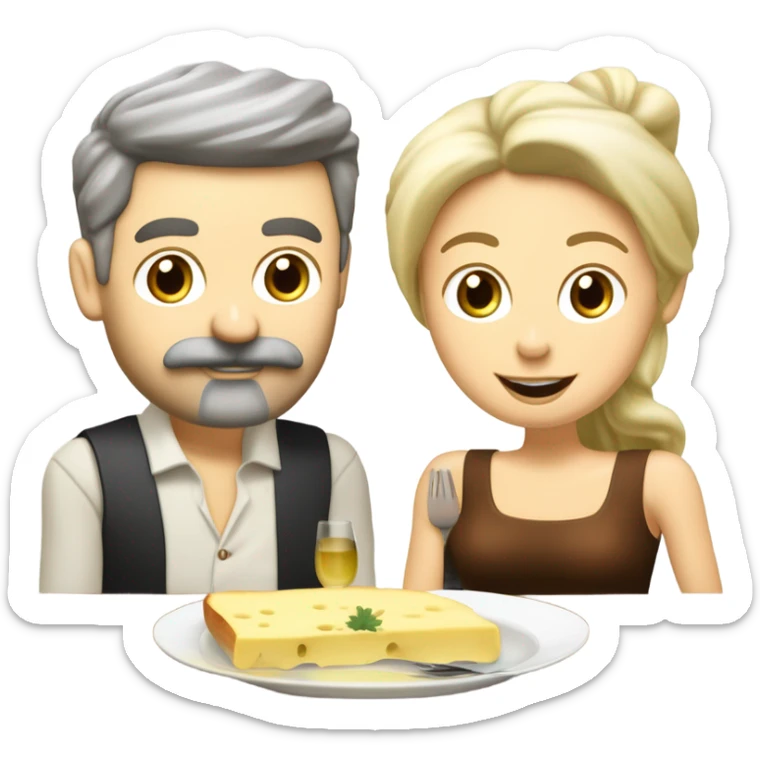 Repas raclette et deux verres de vin blanc en couple 50 ans, femme blonde cheveux aux-dessus des épaules homme petite barbe et moustache grisonnantes et cheveux bruns grisonnant  sticker