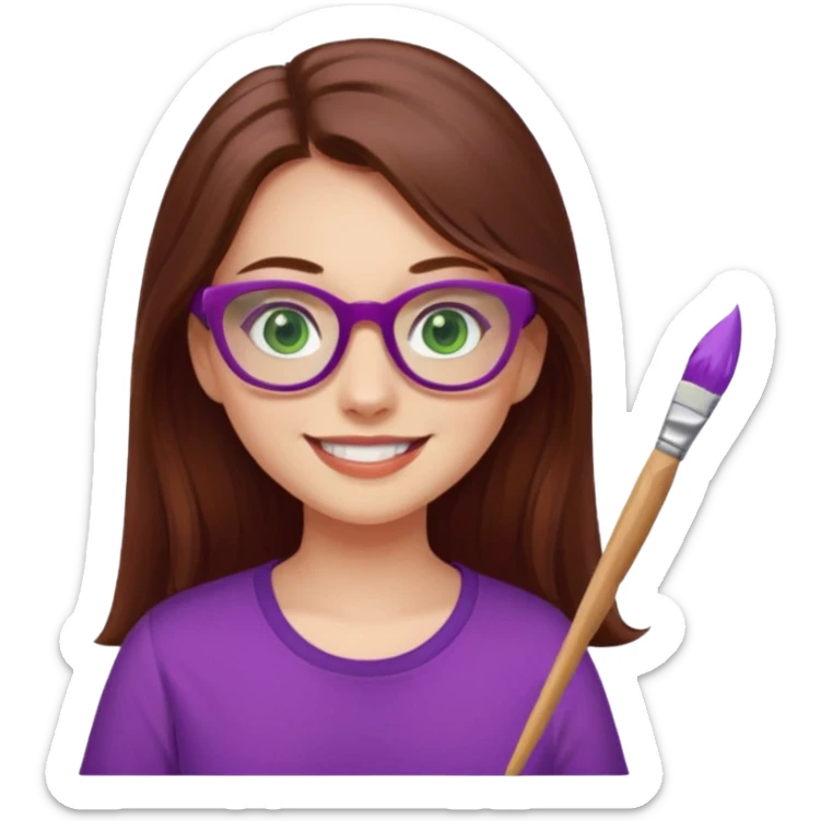 Girl, red shirt, long brown hair, green eyes, purple glasses, smiling with a paint brush. sticker