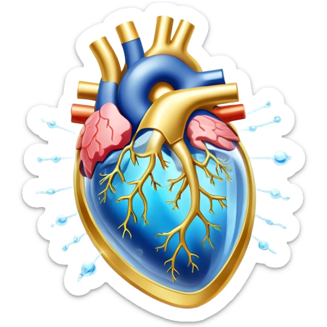 Ethereal omega-3 capsule with flowing golden energy connecting to a shimmering brain (cognition), heart (cardiovascular health), joint (anti-inflammatory), and eye (vision). Each connection glows with healing light, all suspended in a dreamlike blue atmosphere. sticker