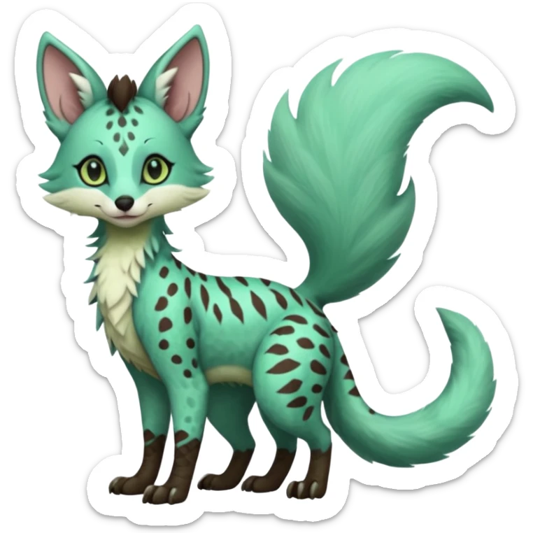 Feral Rare Fantasy brownie minty-cyan pastel-seafoam-green Hunter-forest-green  Vernid-Sergal-Genet-Trico-species by LiLaiRa, random markings, tufted tail, tufted ears, full body sticker