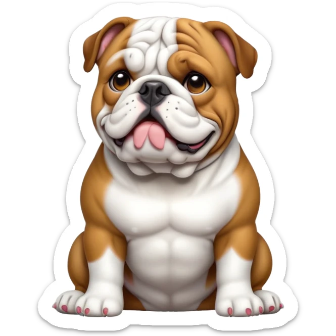 cinematic-[english bulldog]-realistic-full-body-sitting-emoji,-tail-resting-loosely-beside-its-paws,-head-tilted-dramatically,-sleek-[solid white]-fur,-simplified-yet-realistic-focused-features,-highly-detailed,-glowing-with-an-almost-sarcastic-glow sticker
