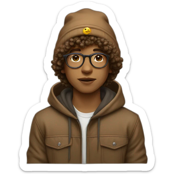 boy, browun obey beanie, round glasses, dark-blonde curly hair, light-brown hoodie sticker