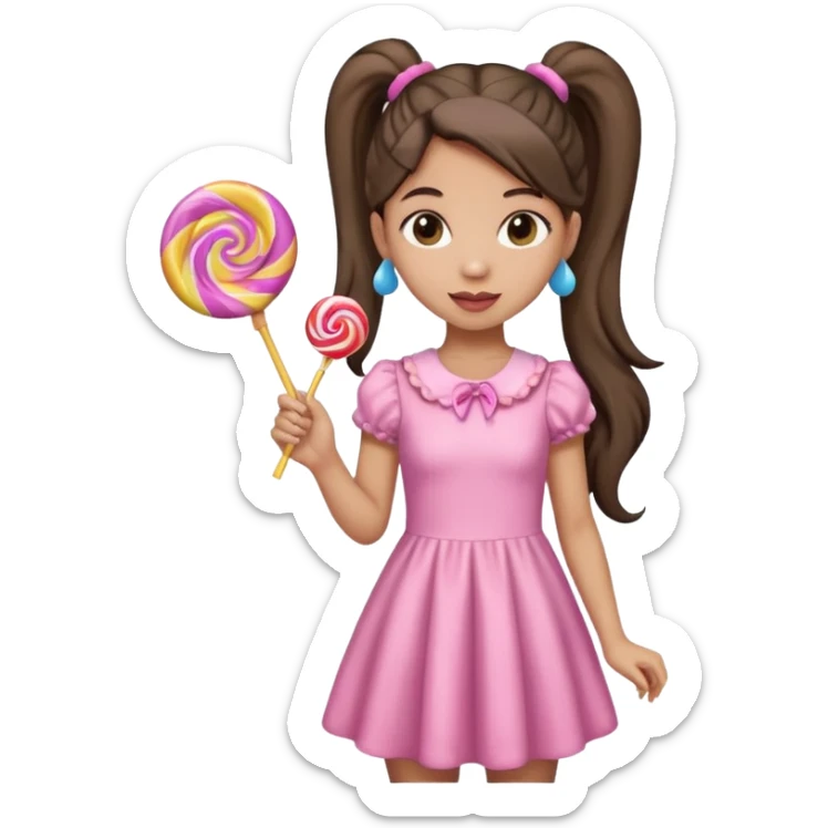 Girl with long dark ponytails wearing light pink body dress holding a lollipop sticker