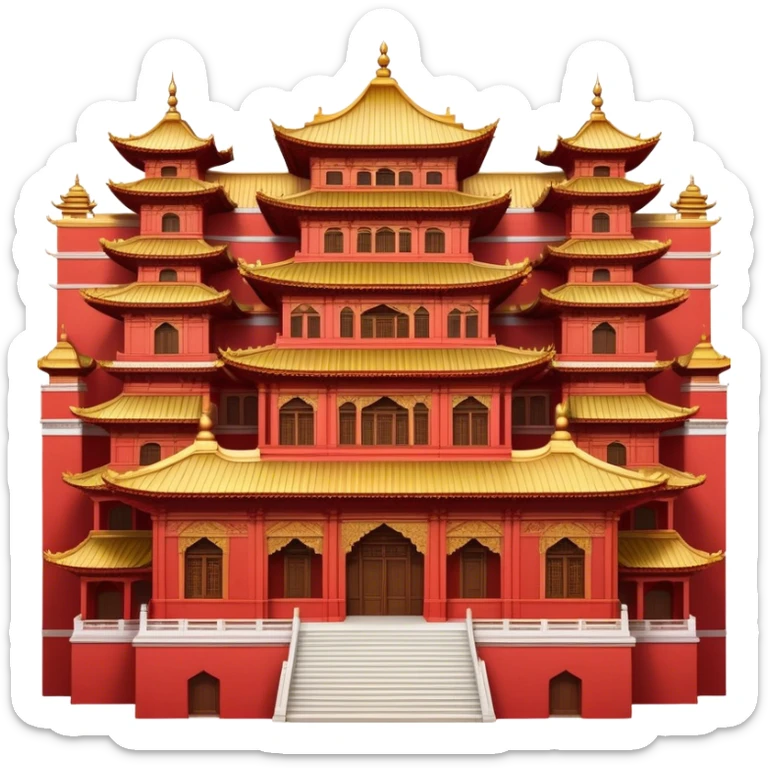 Cinematic Realistic Forbidden City Landmark Emoji, depicting grand imperial architecture with golden rooftops, vast courtyards, and intricate wooden carvings, all surrounded by towering red walls. sticker