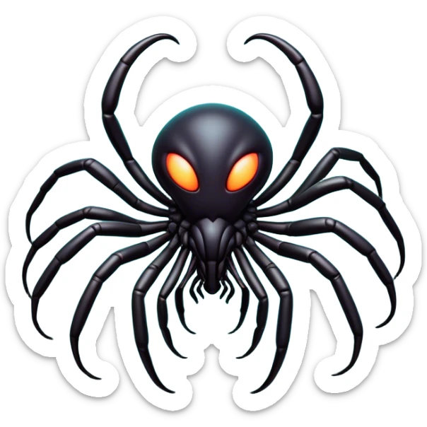 Clash of Clans aesthetic: Cinematic fierce arachnid Alien Emoji, rendered in a 3D vector-style similar to standard emojis with minimal shading and bold, simplified shapes. A compact, isometric, otherworldly creature with insectoid, organic details and subtle, eerie tentacles, softly glowing with a sinister alien charm. Simplified yet unmistakably iconic, highly detailed and consistent, glowing with a soft, spectral radiance and high shine. Stylized with a touch of bio-engineered mischief and a soft glowing outline, capturing the essence of a fearsome extraterrestrial menace with a playful twist! sticker
