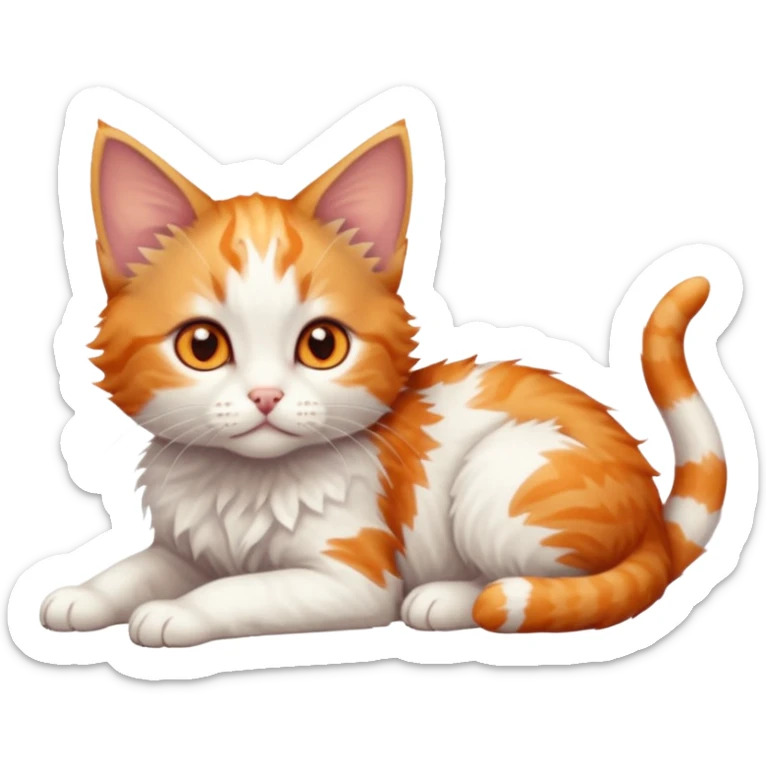 full body of very small + skinny ginger and white kitten with deep orange eyes and triangular shaped face lying down sticker