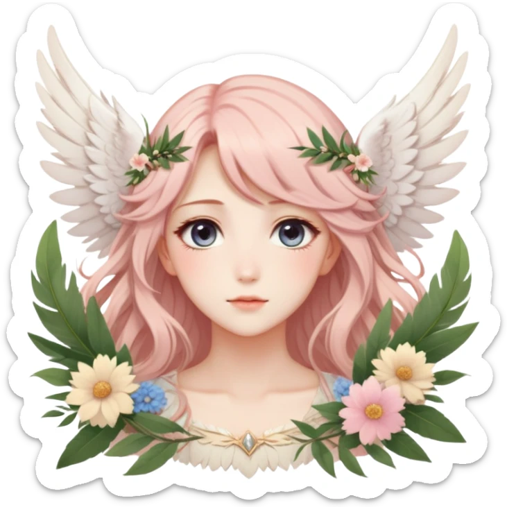 Romantic Dreamy pretty pastel anime flowers feathers wings angelic laurel lady with pretty hair and gorgeous eyes aesthetic sticker