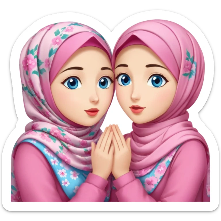 Two best friends Turkish girls beautiful finish Konya blue eyes with pink floral hijab and dress and Scattering kisses outside  sticker