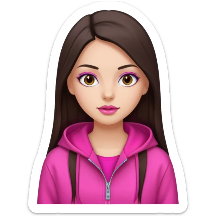generate a pretty fair bratz girl with dark brown eyes, dark brown hair straight long. Wearing a hot pink zipper hoodie, pink lipgloss sticker