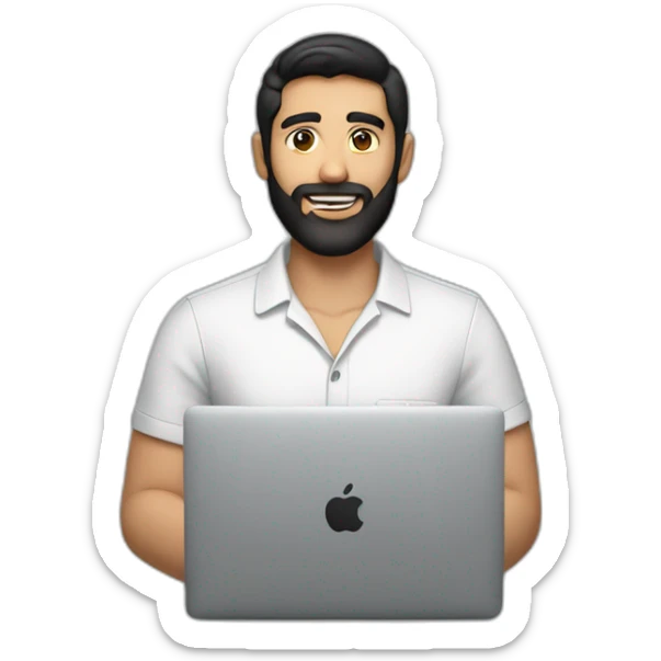 man with black hair, brown eyes, a fine beard, wearing a f1-shirt working with a macbook sticker