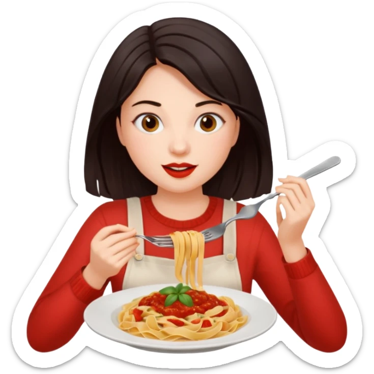chica joven piel clara y pelo oscuro comiendo un plato de pasta sticker