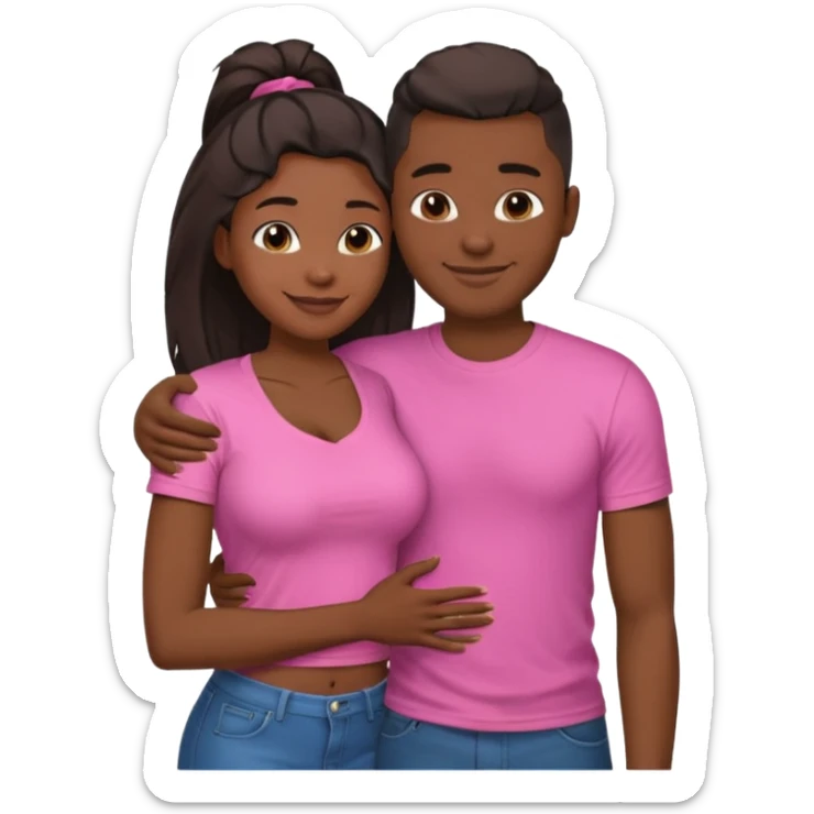 Black lesbian couple with one dark skin masculine with short hair low cut fade with a t shirt with breasts and one feminine with very long hair in a pink blouse hugging  sticker