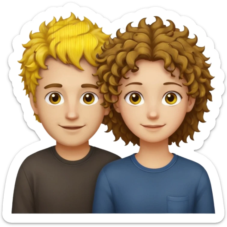 Sarı ve dağınık saçlı ela gözlü beyaz tenli erkek ve saçları koyu kahverengi ,kıvırcık saçlı kız yan yana gülümsüyor sticker