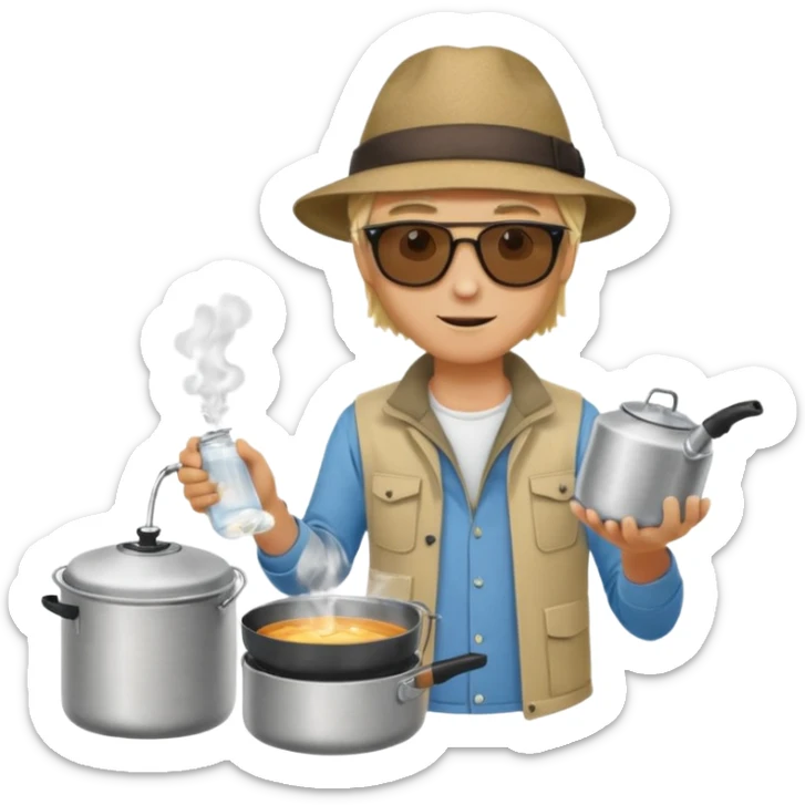 A blonde man camper boiling water on a portable stove, enjoying the outdoor sticker