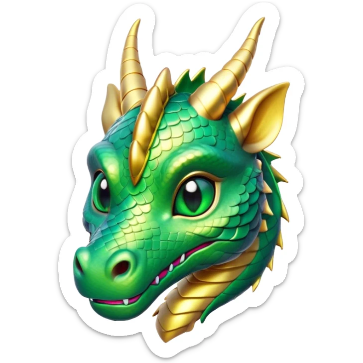Cinematic Cute Dragon Portrait Emoji, Head tilted playfully and inquisitively, featuring a sleek, serpentine form adorned with iridescent scales that shift between emerald and gold, a delicate set of subtle horns, and round, sparkling eyes full of curious magic; rendered with realistic detail and warm natural light, high shine, affectionate and enchanting, styled with a touch of whimsical fantasy, soft glowing outline, capturing the essence of a mischievous yet lovable dragon that seems poised to slither playfully into your arms! sticker