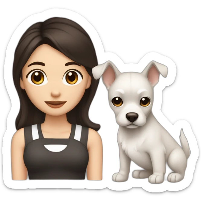 One white women with long dark brown hair and long eyelashes dark brown eyes and thick dark brown eyebrows with one black dog with a white stripe on the neck and ears raised up sticker