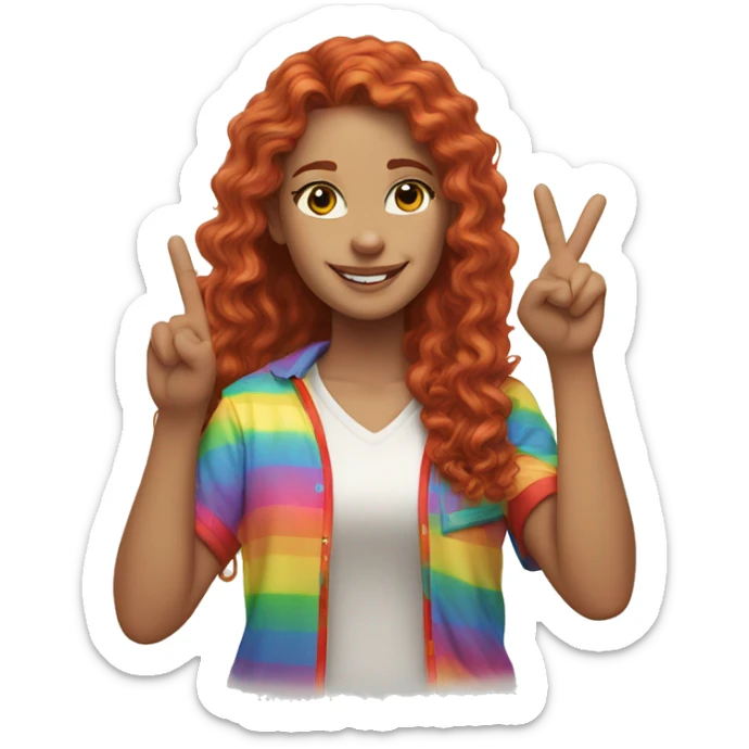 a white girl with long red curly hair in a pony tail with rainbow shirt does peace sign  sticker