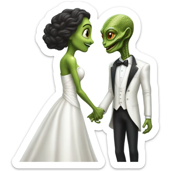 Alien reprilian woman in wedding dress and one man in a tuxedo holding hands getting married sticker