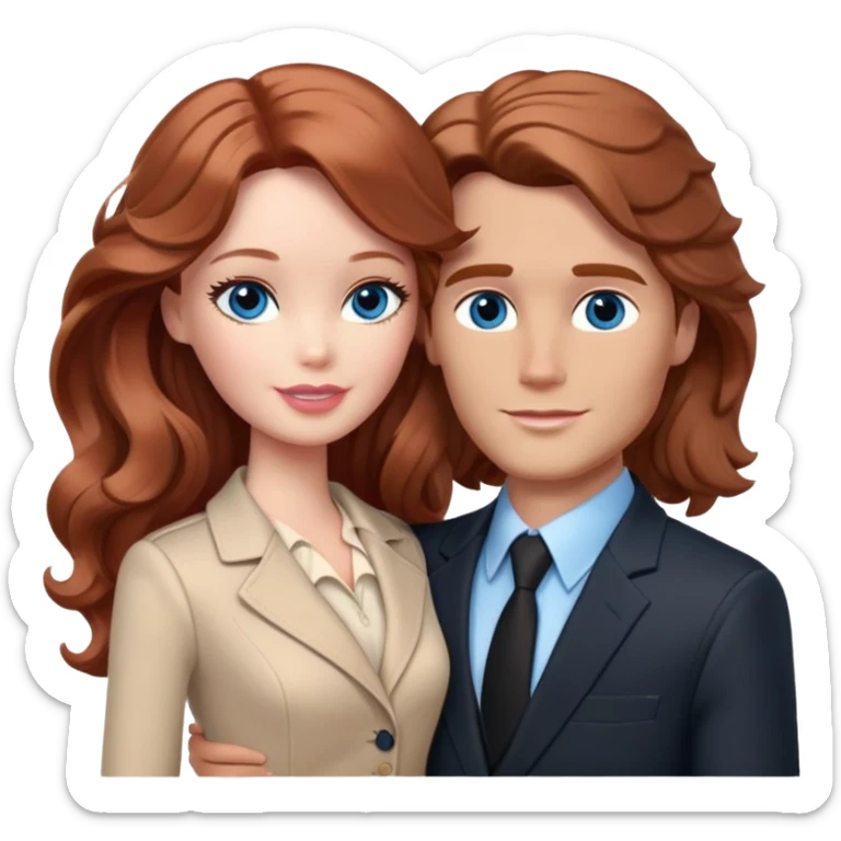 Barbie girl  , eyes blue , Chestnut red long wavy hair In pale beige clothes, Hugs a man with brown hair, brown eyes , and a black suit sticker