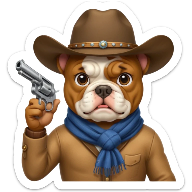 A bulldog wearing a cowboy hat, covering his face with a scarf so he wouldn't be recognized, pointing a revolver at you, telling you to hand over your money. sticker