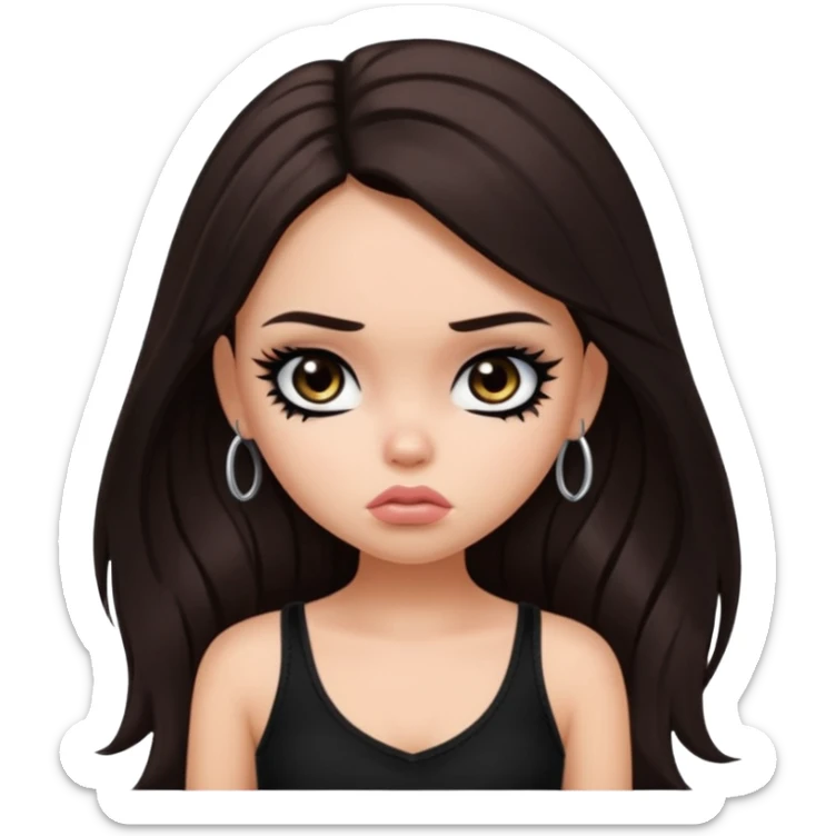 generate a pretty fair bratz girl with long dark brown hair looking sad. Wearing a black cami sticker